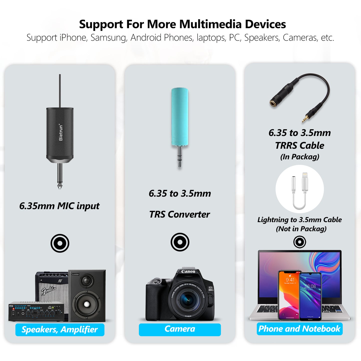 Sistema de micrófono de solapa inalámbrico Bietrun UHF/micrófono de diadema/micrófono de pie, alcance de 50 m, transmisor-receptor recargable, salida de 6,35 mm, compatible con iPhone, Android, altavoces PA, cámara DSLR, YouTube y grabación.