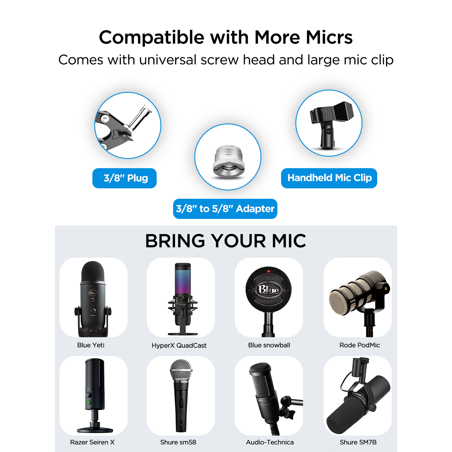 Soporte de escritorio con brazo articulado para micrófono Wave/Blue Yeti/Hyperx Quadcast/SM7B/SM58/MV7. Soporte de escritorio de tijera ajustable, resistente y de metal, mejorado, con pinza de mano y adaptador de 3/8" a 5/8".