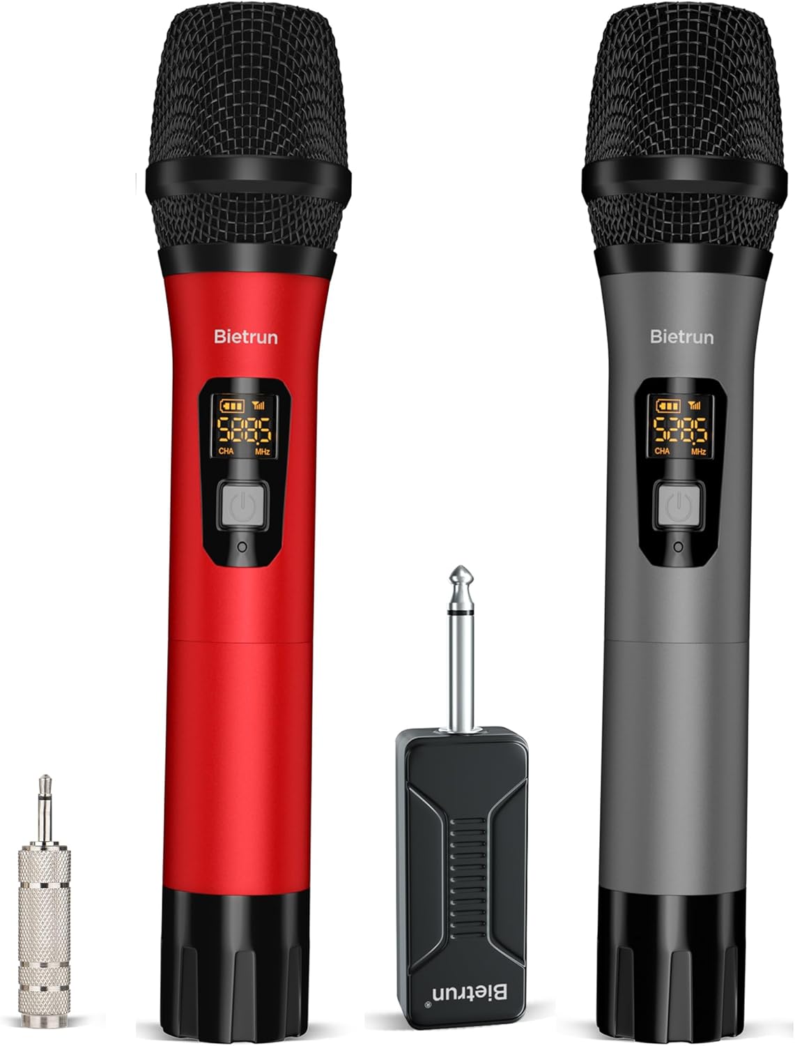 Bietrun Wireless Microphone, Professional UHF Metal Dual Handheld Cordless Dynamic Mic System Set with Rechargeable Receiver, 1/4‘’Output, Plug and Play, Instrument-Wireless-Mics for Karaoke, Wedding