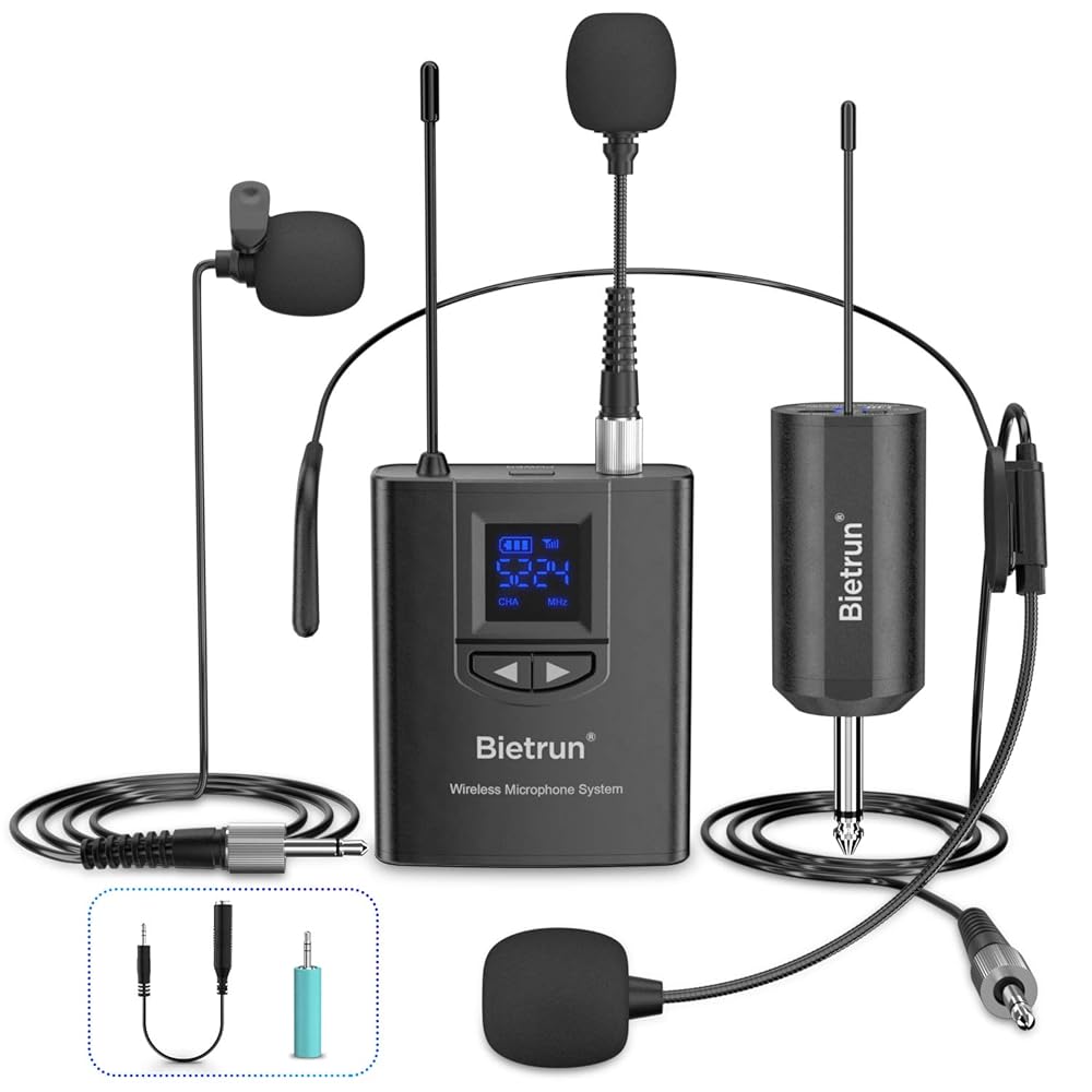 Bietrun UHF Wireless Lavalier Lapel Microphone System/Headset Mic/Stan
