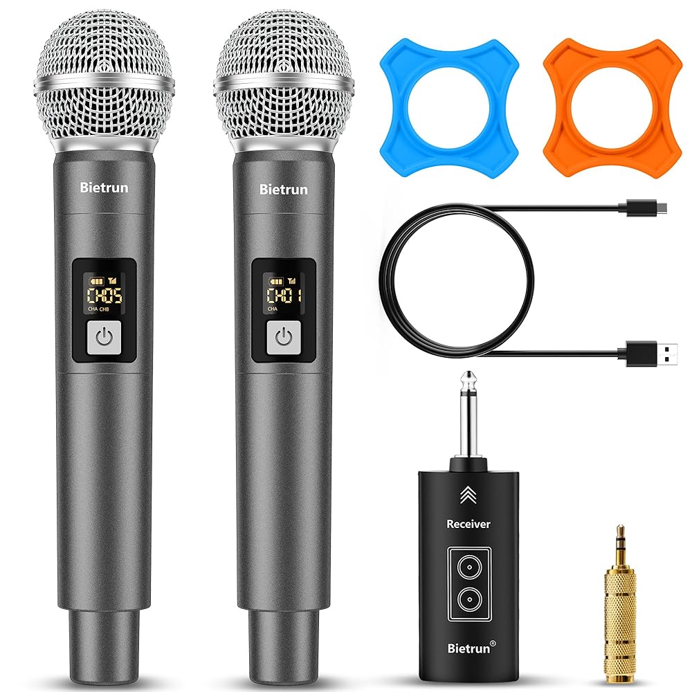 Bietrun Wireless Microphone, UHF Dual Handheld Cordless Dynamic Metal