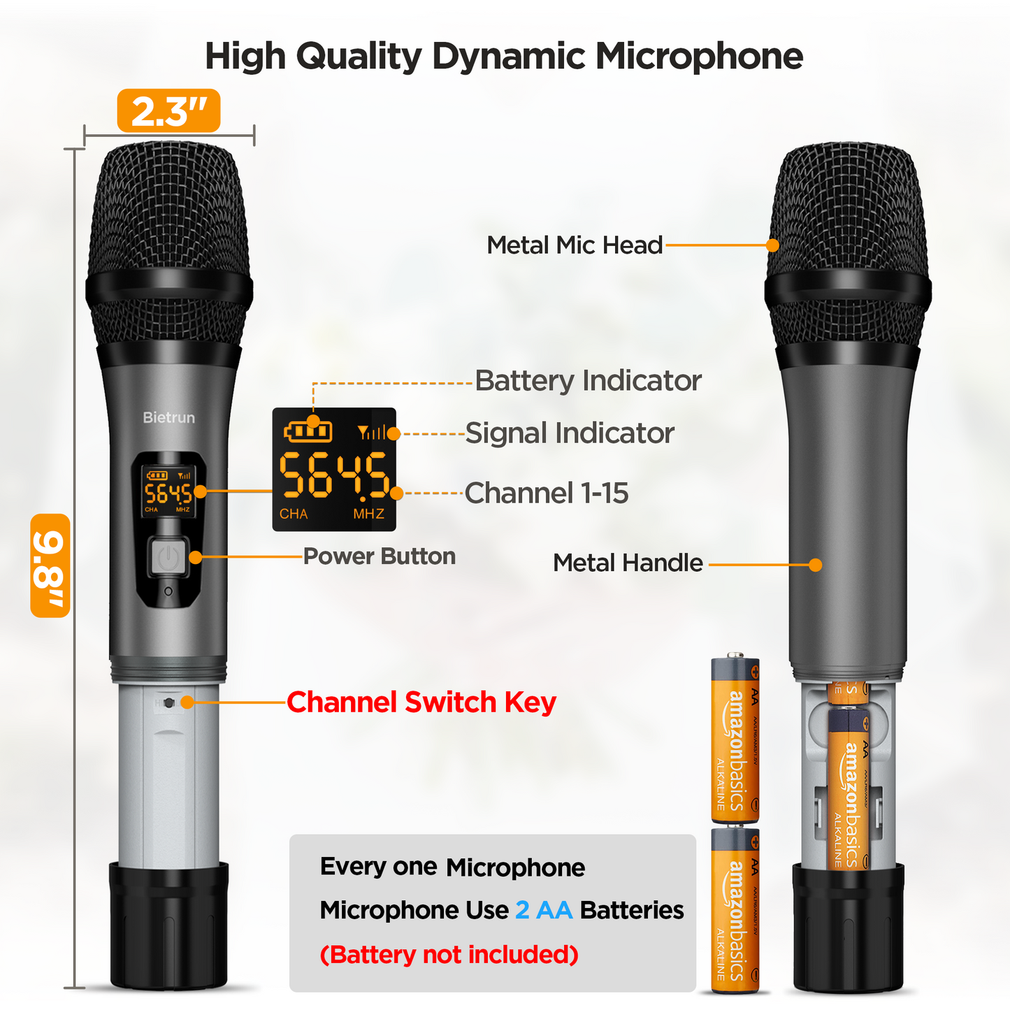 Bietrun Wireless XLR Microphone System, 165 ft Range, Professional UHF Dual Metal Cordless Dynamic Handheld Microphone with XLR Cable for Audio Mixer, Amplifier, Karaoke, Church, Speech, Wedding