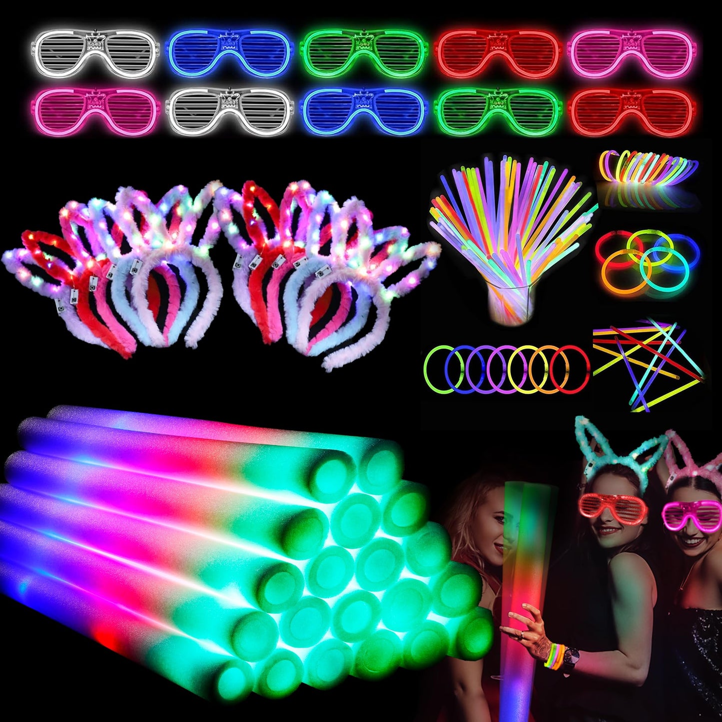 138Pcs Glow Party Supplies, Glow in the Dark Party Supplies, 10Pcs Foam Glow Sticks,50Pcs Glow Sticks,10Pcs LED Glasses,10Pcs LED Bunny Ear Headband,20Pcs LED Ring,18Pcs Pop Tubes,20 LED Bracelet