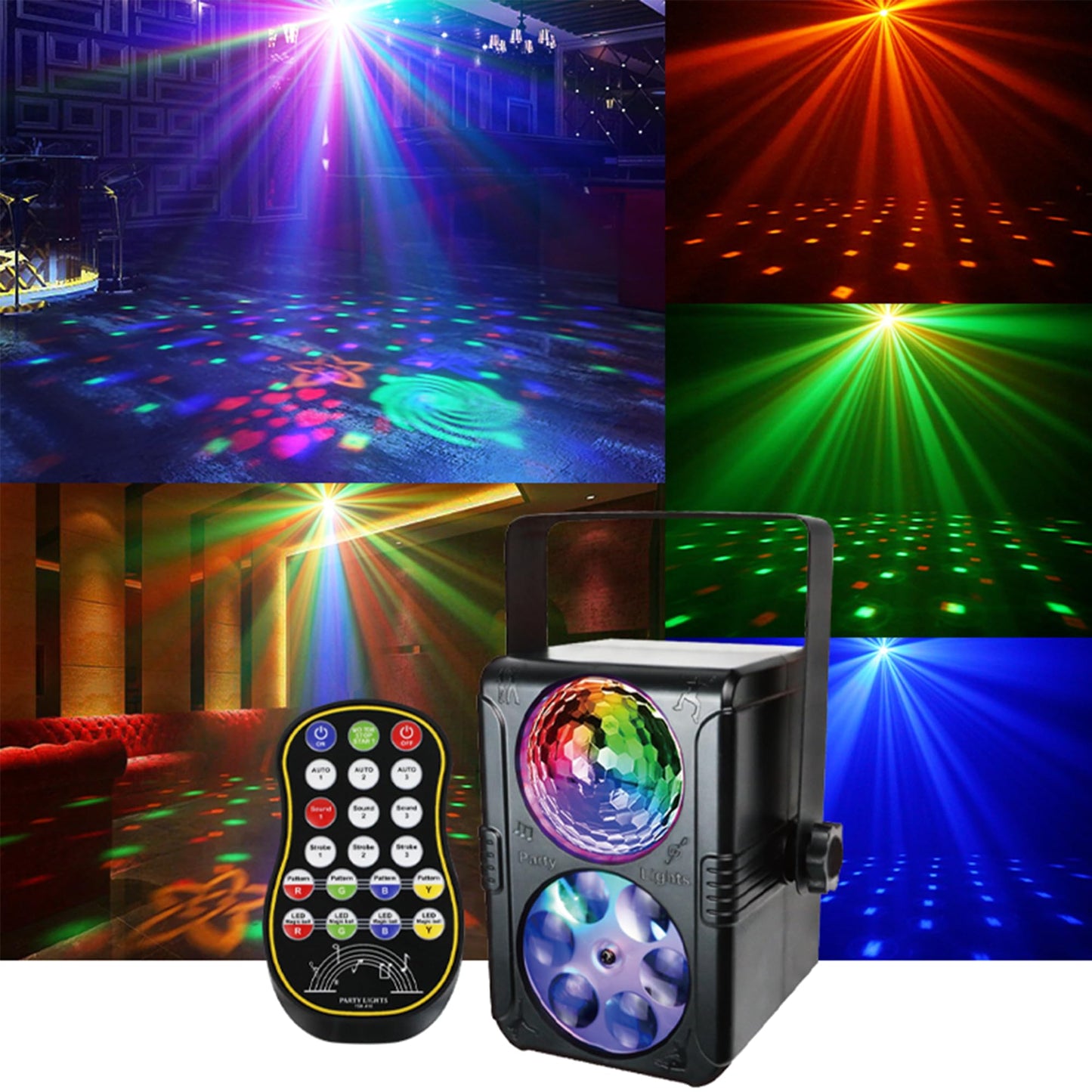 Luces de fiesta, bola de discoteca, luz de discoteca para DJ, activada por sonido para interiores, salas, exteriores, pistas de baile, fiestas, cumpleaños, fiestas, karaoke, Halloween, Navidad, bodas, espectáculos, bares, clubes, decoraciones.