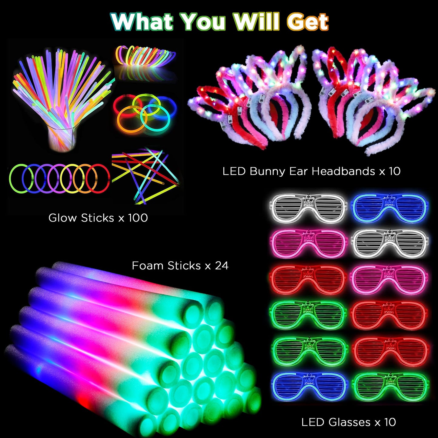 138Pcs Glow Party Supplies, Glow in the Dark Party Supplies, 10Pcs Foam Glow Sticks,50Pcs Glow Sticks,10Pcs LED Glasses,10Pcs LED Bunny Ear Headband,20Pcs LED Ring,18Pcs Pop Tubes,20 LED Bracelet