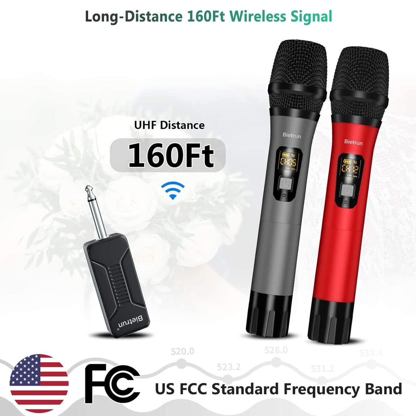 Bietrun Wireless Microphone, Professional UHF Metal Dual Handheld Cordless Dynamic Mic System Set with Rechargeable Receiver, 1/4‘’Output, Plug and Play, Instrument-Wireless-Mics for Karaoke, Wedding