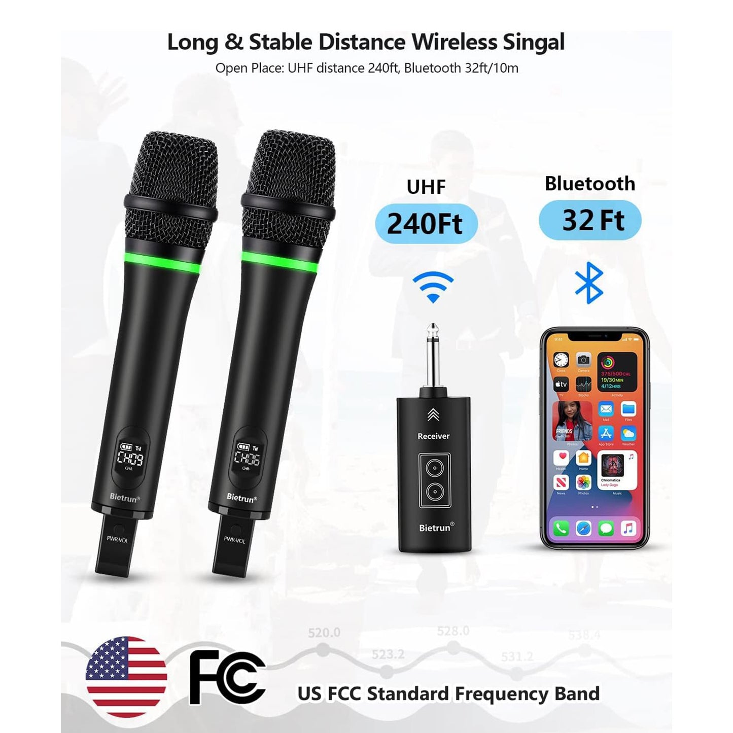 Micrófono inalámbrico recargable Bietrun, micrófonos inalámbricos de mano dinámicos de metal duales con salida de 1/4'' para karaoke, reuniones, canto, iglesias y bodas (alcance UHF de 73 m) (receptor con Bluetooth).