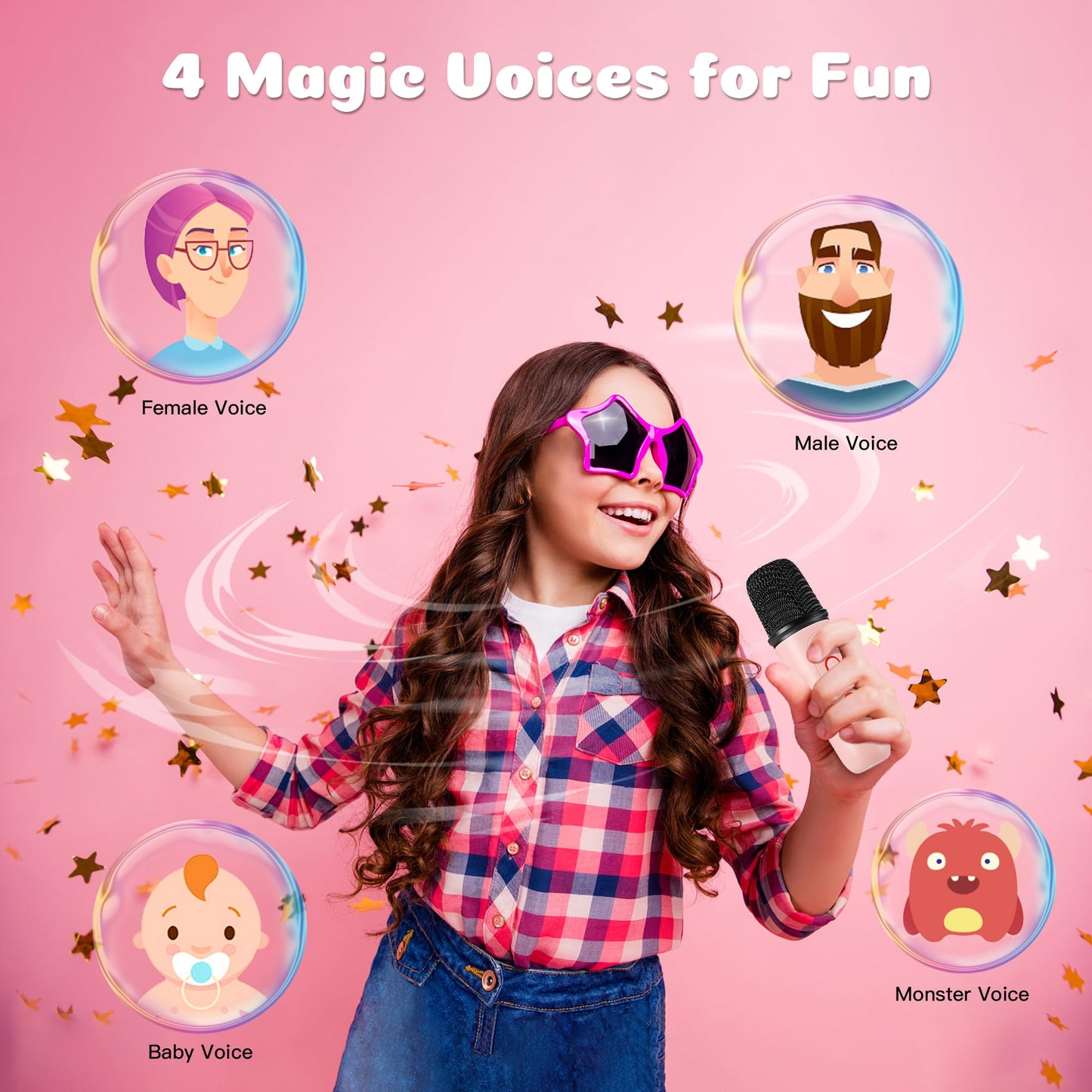 Mini Karaoke Machine with 2 Wireless Microphones for 5 Years Old Kids, Rechargeable Portable Bluetooth Karaoke Singing Speaker with Voice Changing, RGB Light, for Birthday, Family, Home Party Gift