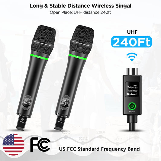 Micrófono inalámbrico Bietrun XLR, micrófonos dinámicos de mano inalámbricos de metal duales recargables para mezclador, interfaz de audio, sistema de amplificación PA, iglesia, canto, karaoke (alcance UHF de 73 m) (con adaptador de 6,35 mm)