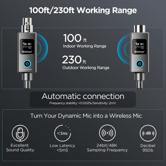 Transmisor y receptor XLR inalámbrico Bietrun, adaptador XLR con cable a micrófono inalámbrico, alcance UHF de 70 m, 30 canales, receptor con Bluetooth, adaptador XLR a 1/4'', para micrófonos dinámicos/de condensador, interfaz de audio