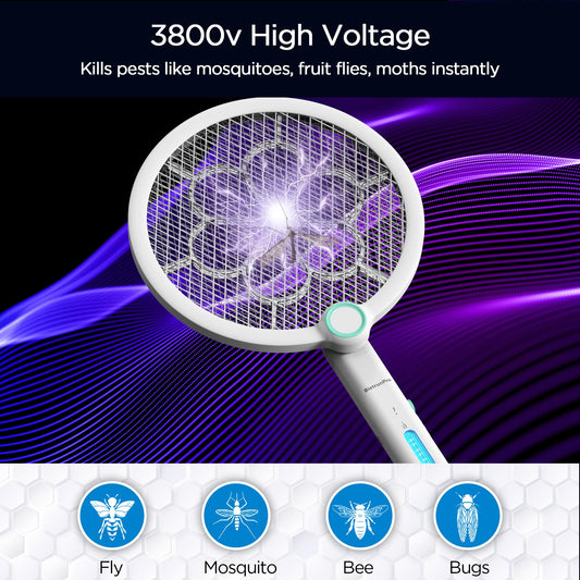 Foldable Electric Fly Swatter 3800V Bug Zapper Racket Rechargeable with UV Lights, Portable Handheld Cordless Mosquito Rackets to Kill Mosquitoes, Wasps, Gnats, Fruit Flies, Flies for Indoor Home