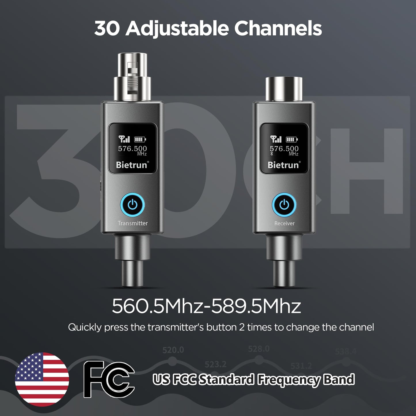 Bietrun Wireless XLR Transmitter Receiver, Wired to Wireless Mic XLR Adapter, UHF 230ft Range, 30 Channels, Receiver with Bluetooth, XLR to 1/4'' Adapter, for Dynamic/Condenser Mics, Audio Interface
