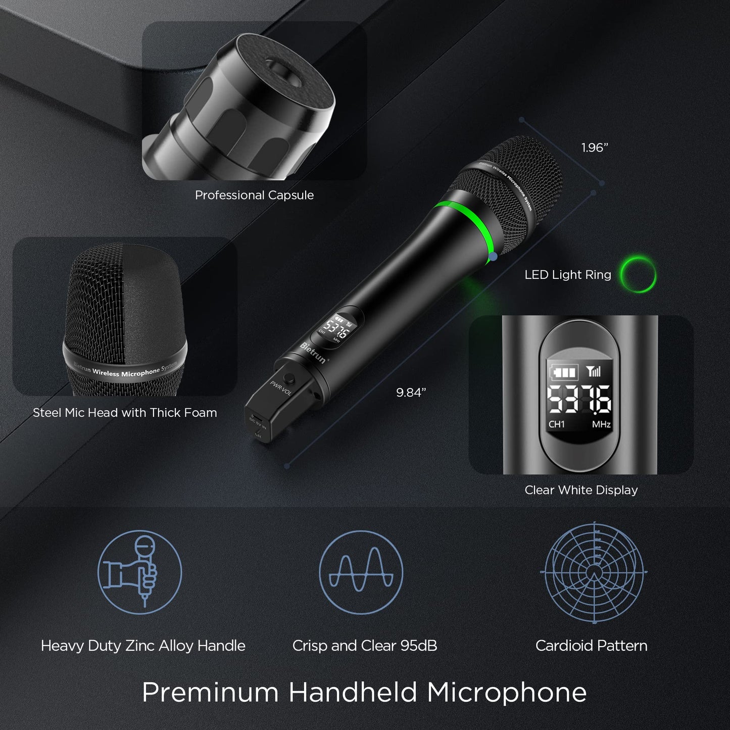Sistema de micrófono inalámbrico Bietrun de 8 canales con 8 micrófonos recargables, UHF de 90 m de alcance, micrófonos vocales dinámicos inalámbricos de metal profesionales para adultos, karaoke, canto, iglesia (conexión automática).