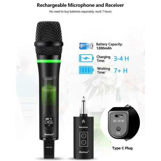 Micrófono inalámbrico Bietrun recargable, alcance de 168 pies, micrófono Bluetooth inalámbrico (funciona 7 horas) con salida de 1/4 '', micrófono dinámico de mano de metal UHF para máquina de karaoke/sistema de PA/altavoz/iglesia/boda