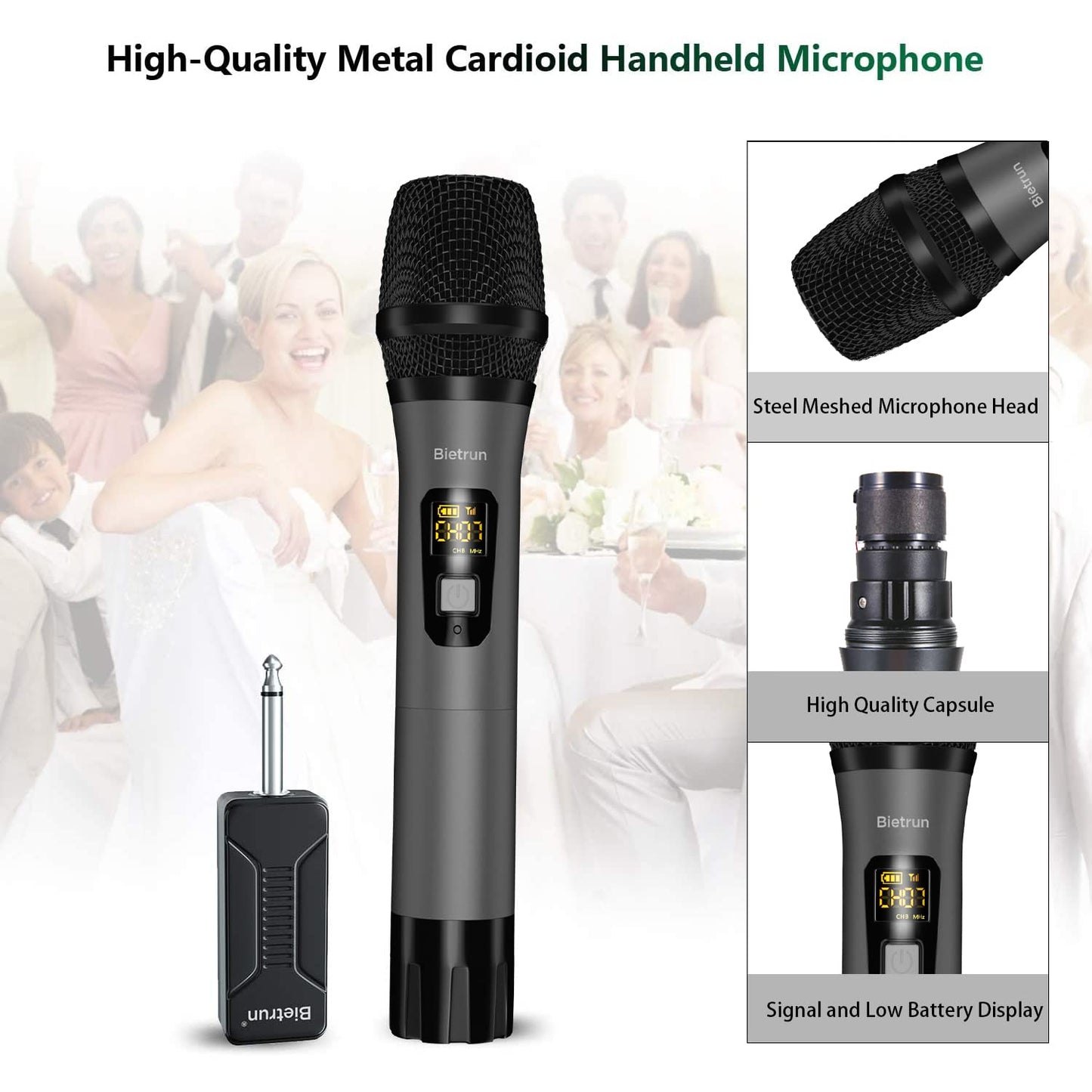 Bietrun Wireless Microphone Only for Mic Input, UHF Metal Dynamic Handheld Multipurpose Mic with Rechargeable Receiver (Work 4hs), 160ft Range, for Karaoke Machine, Amplifier Speaker, Mixer, Church