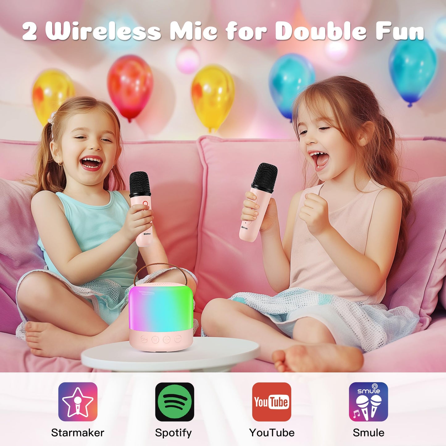 Mini Karaoke Machine with 2 Wireless Microphones for 5 Years Old Kids, Rechargeable Portable Bluetooth Karaoke Singing Speaker with Voice Changing, RGB Light, for Birthday, Family, Home Party Gift