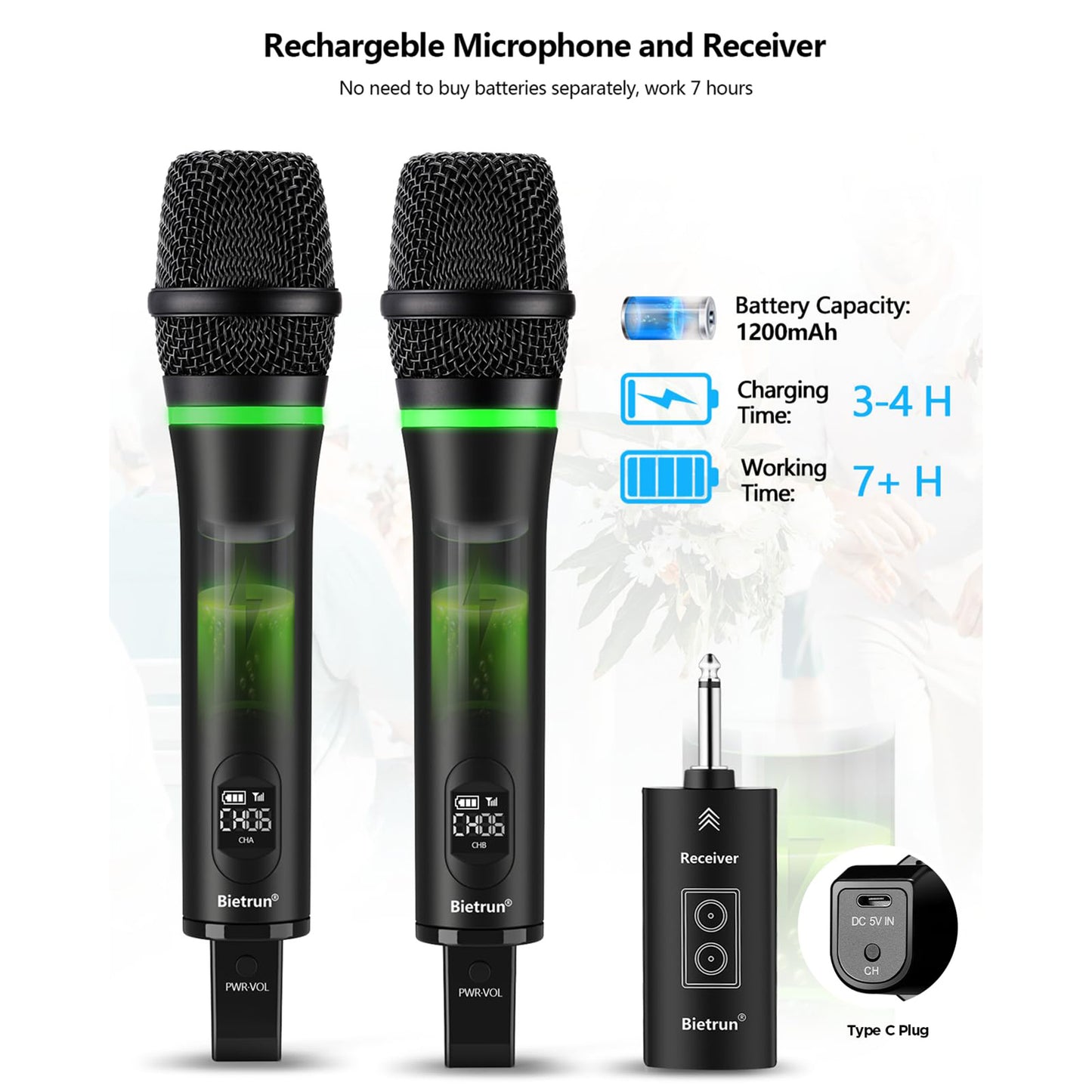 Micrófono inalámbrico recargable Bietrun, micrófonos inalámbricos de mano dinámicos de metal duales con salida de 1/4'' para karaoke, reuniones, canto, iglesias y bodas (alcance UHF de 73 m) (receptor con Bluetooth).
