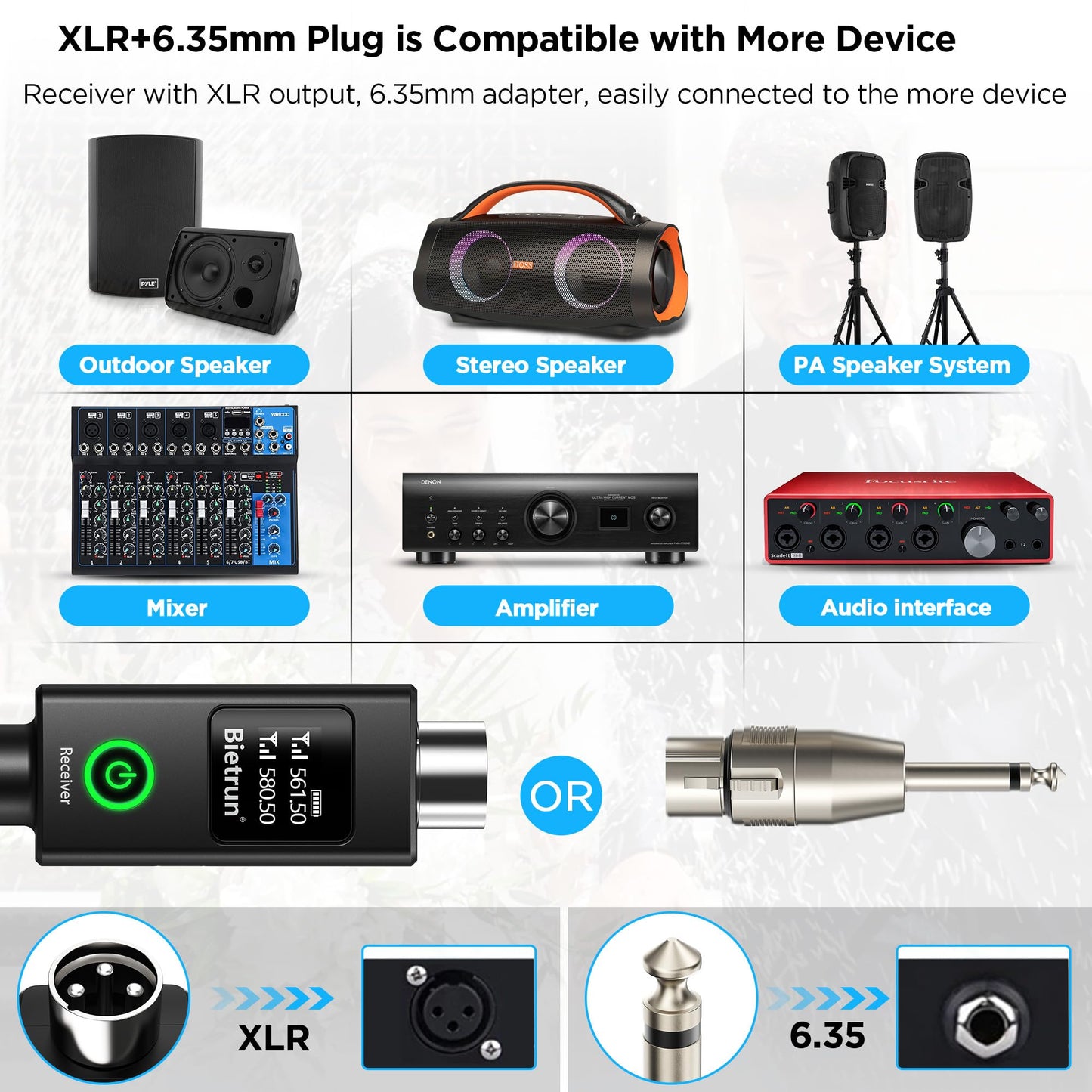 Bietrun XLR Wireless Microphone, UHF Dual Handheld Dynamic Metal Mic Set with XLR Rechargeable Receiver, XLR to 1/4'' Adapter, for Karaoke, Church, Wedding, Party Singing(160 ft Range)(Auto Connect)
