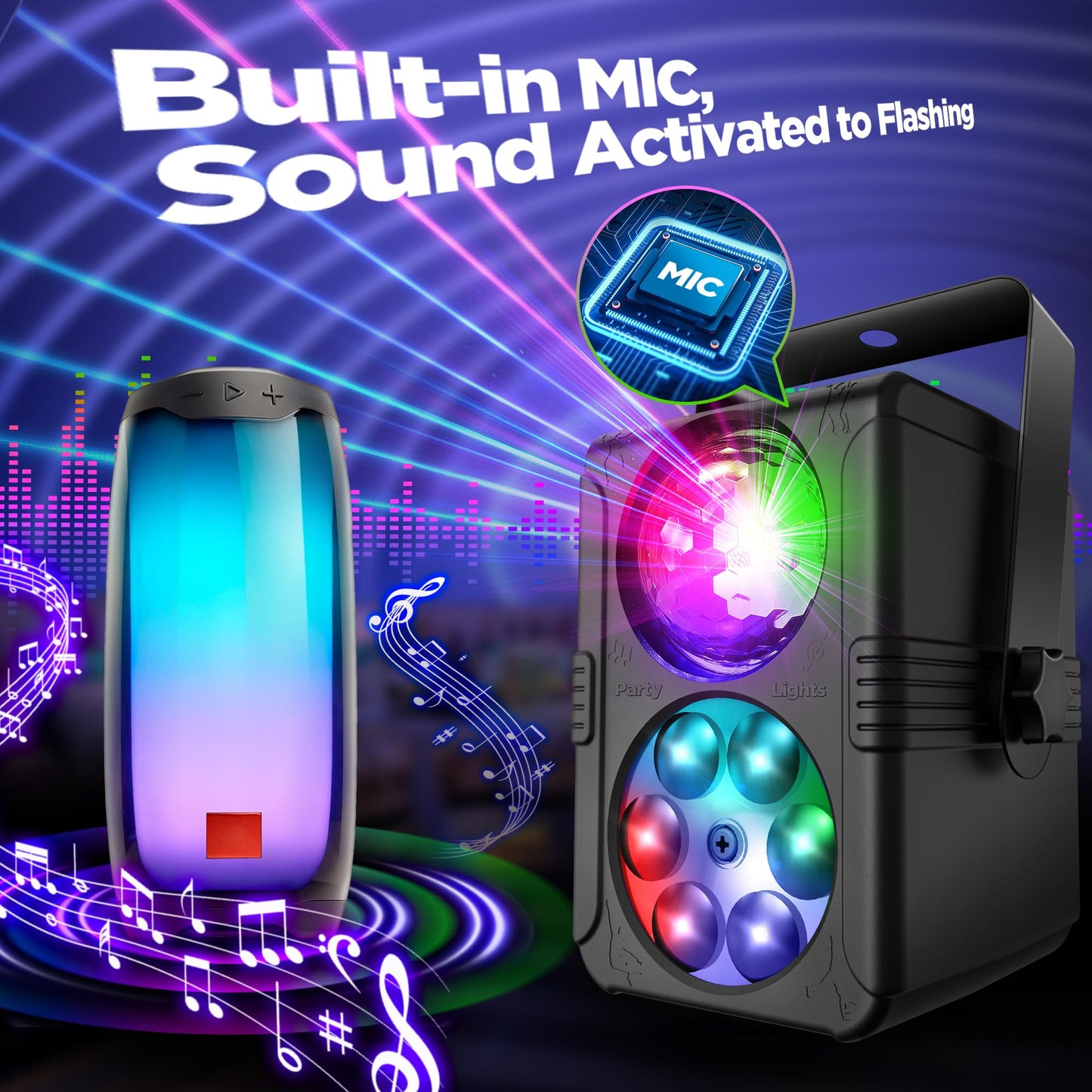 Luces de fiesta, bola de discoteca, luz de discoteca para DJ, activada por sonido para interiores, salas, exteriores, pistas de baile, fiestas, cumpleaños, fiestas, karaoke, Halloween, Navidad, bodas, espectáculos, bares, clubes, decoraciones.