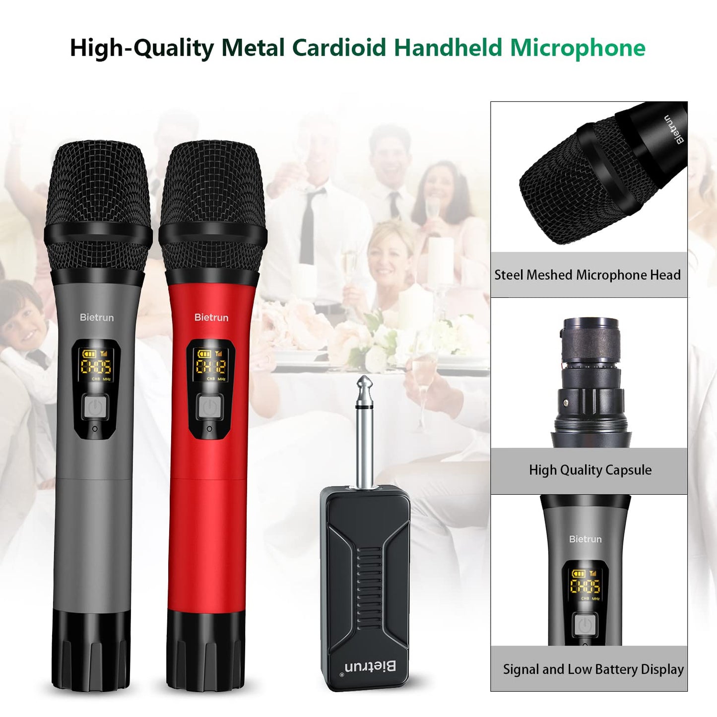 Bietrun Wireless Microphone, Professional UHF Metal Dual Handheld Cordless Dynamic Mic System Set with Rechargeable Receiver, 1/4‘’Output, Plug and Play, Instrument-Wireless-Mics for Karaoke, Wedding