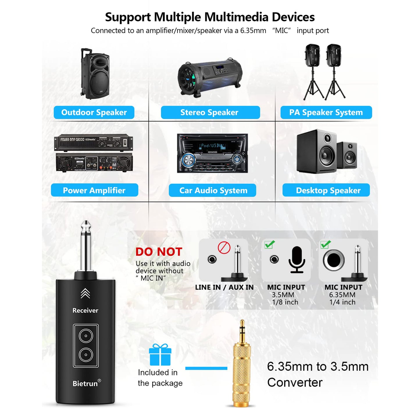 Micrófono inalámbrico recargable Bietrun, micrófonos inalámbricos de mano dinámicos de metal duales con salida de 1/4'' para karaoke, reuniones, canto, iglesias y bodas (alcance UHF de 73 m) (receptor con Bluetooth).