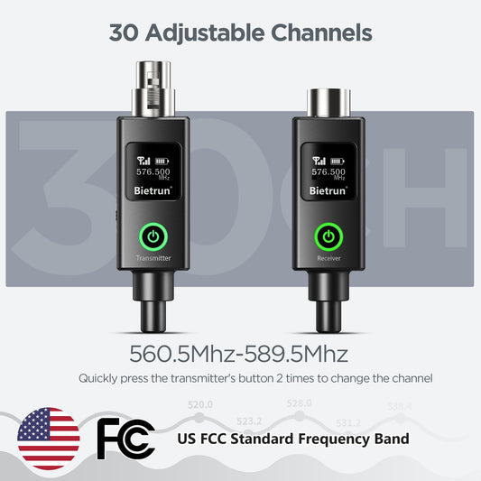 Transmisor y receptor XLR inalámbrico Bietrun con alimentación fantasma de 48 V, alcance UHF de 70 m, 30 canales, adaptador XLR con cable para micrófonos dinámicos o de condensador (con adaptador XLR a 1/4")