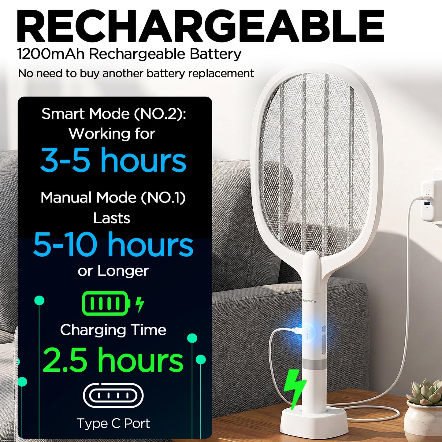 Fly Swatter Electric(2 Pack), USB-C Rechargeable Electric Mosquito Racket, Portable Handheld Cordless Electric Bug Zapper Indoor Racket to Kill Mosquitoes, Wasps, Gnats, Flies, Bugs, with Stand