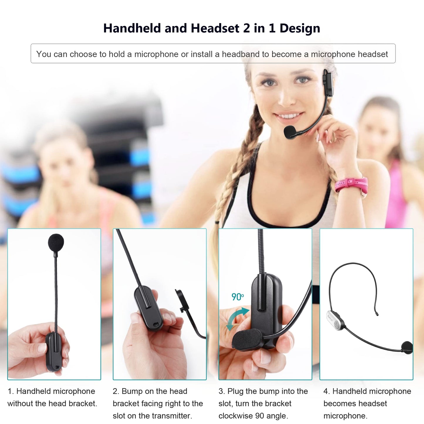 Bietrun Wireless Microphone Headset with 1/4''Plug, 165ft Range, UHF Wireless Headset Mic & Handheld Mic 2 in 1, for Karaoke Speaker, Amplifier, Mic Speakers, PA System, Teaching, Fitness (Black)