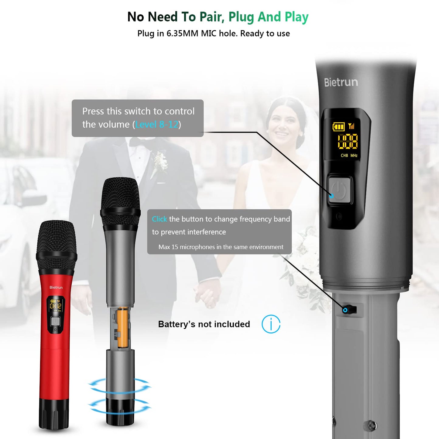 Bietrun Wireless Microphone, Professional UHF Metal Dual Handheld Cordless Dynamic Mic System Set with Rechargeable Receiver, 1/4‘’Output, Plug and Play, Instrument-Wireless-Mics for Karaoke, Wedding