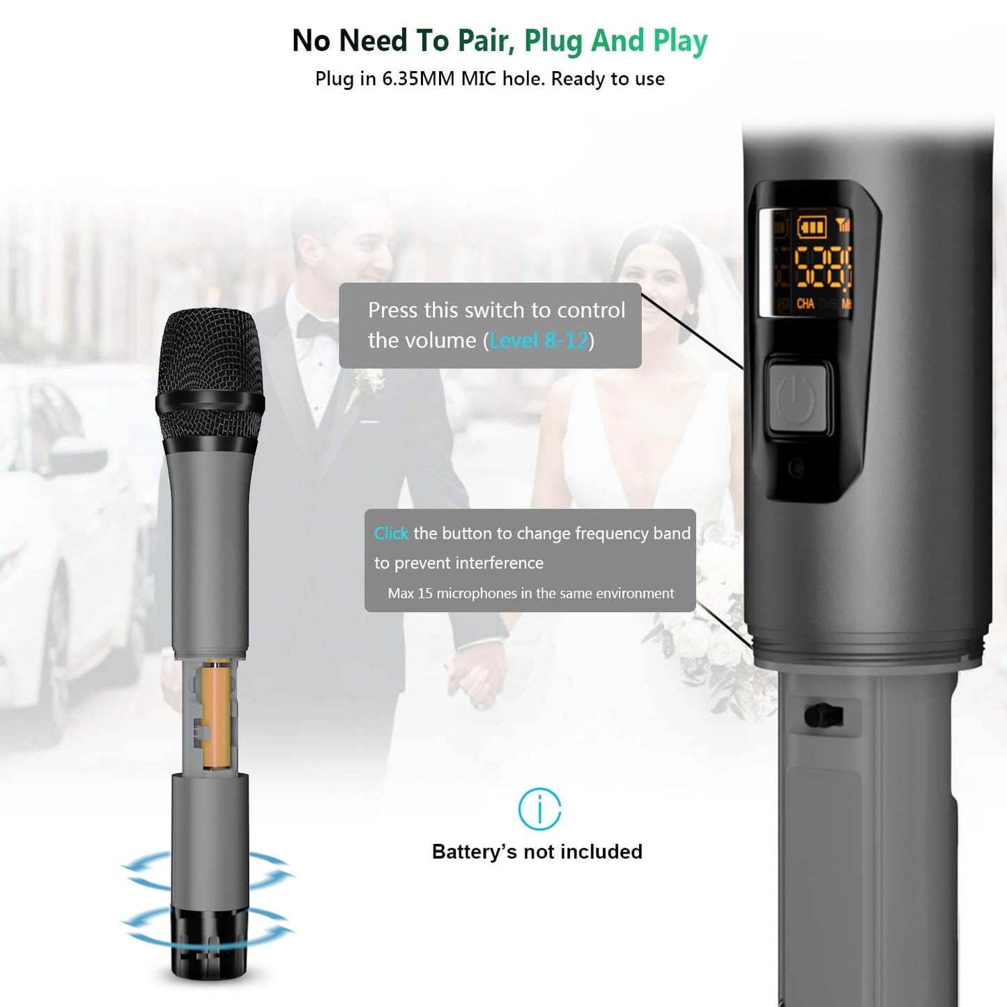 Bietrun Wireless Microphone Only for Mic Input, UHF Metal Dynamic Handheld Multipurpose Mic with Rechargeable Receiver (Work 4hs), 160ft Range, for Karaoke Machine, Amplifier Speaker, Mixer, Church