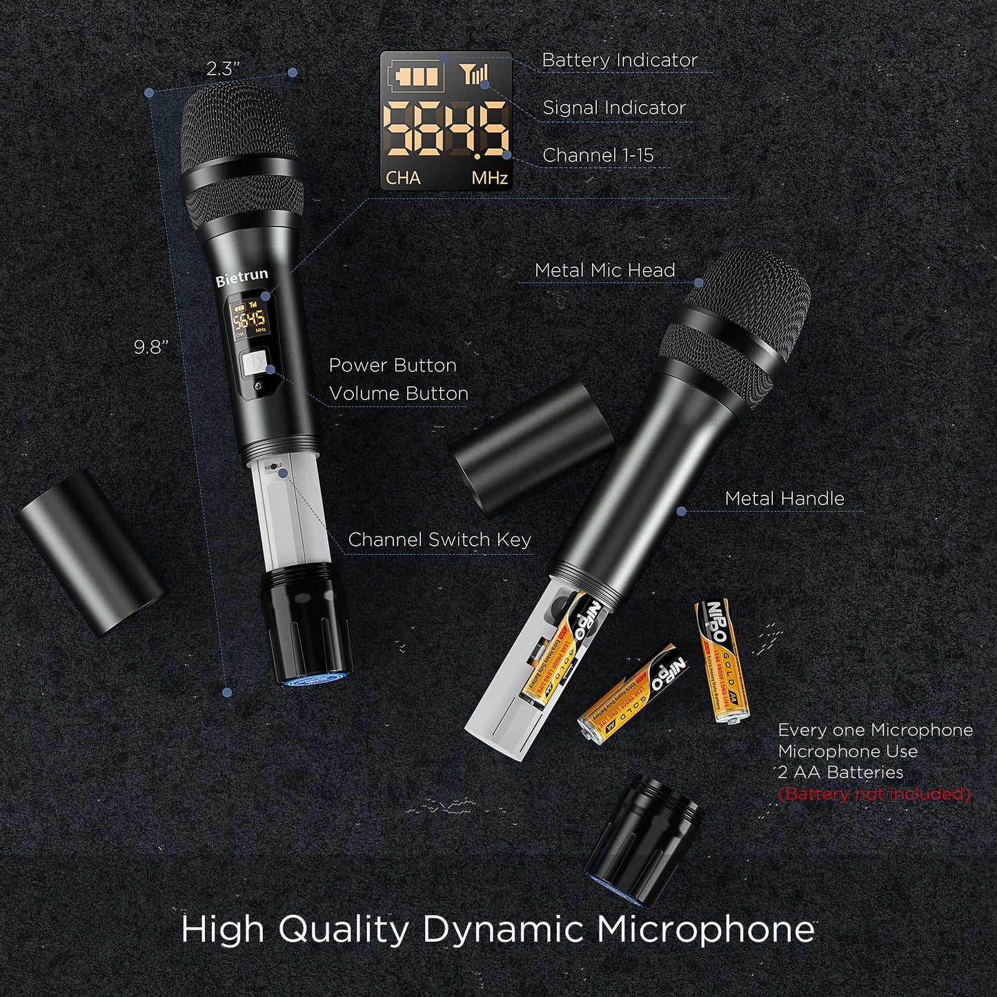 Bietrun Wireless XLR Microphone System, 165 ft Range, Professional UHF Dual Metal Cordless Dynamic Handheld Microphone with XLR Cable for Audio Mixer, Amplifier, Karaoke, Church, Speech, Wedding