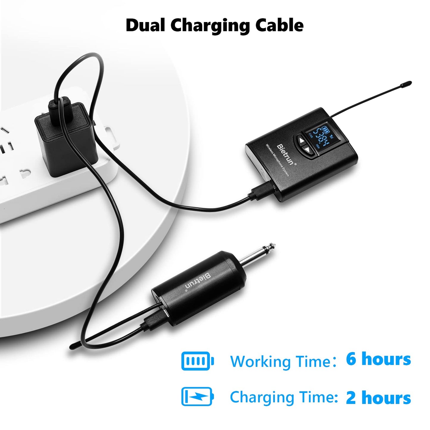 Sistema de micrófono de solapa inalámbrico Bietrun UHF/micrófono de diadema/micrófono de pie, alcance de 50 m, transmisor-receptor recargable, salida de 6,35 mm, compatible con iPhone, Android, altavoces PA, cámara DSLR, YouTube y grabación.