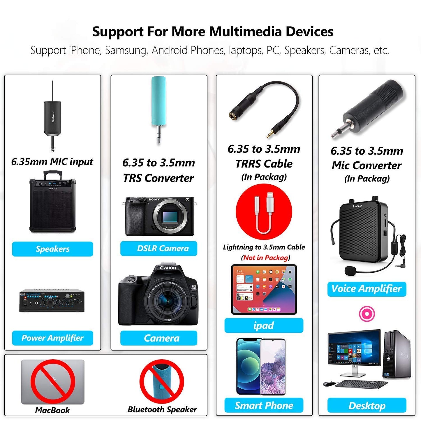 Sistema de micrófono de solapa inalámbrico Bietrun UHF/micrófono de diadema/micrófono de pie, alcance de 50 m, transmisor-receptor recargable, salida de 6,35 mm, compatible con iPhone, Android, altavoces PA, cámara DSLR, YouTube y grabación.