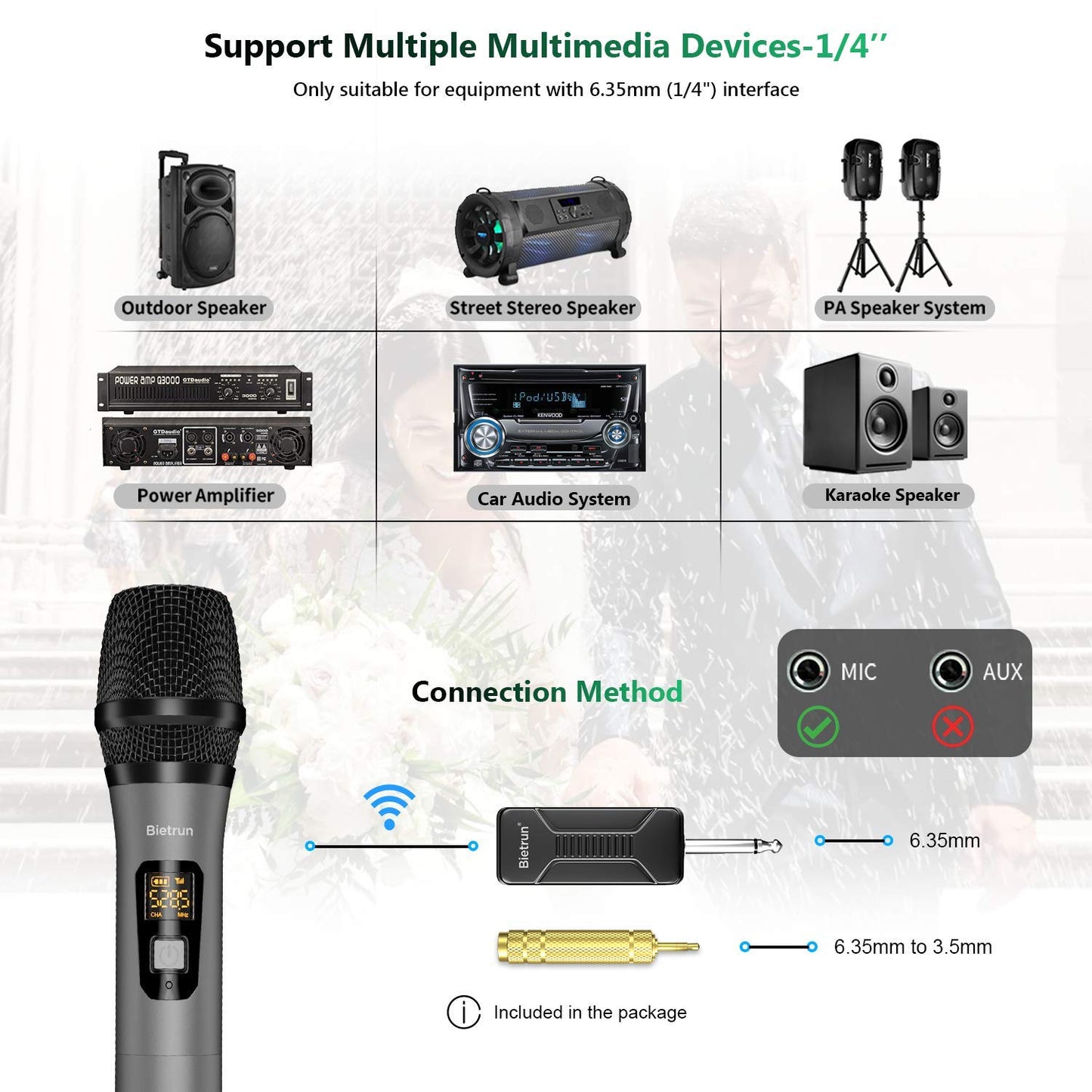 Bietrun Wireless Microphone, Professional UHF Metal Dual Handheld Cordless Dynamic Mic System Set with Rechargeable Receiver, 1/4‘’Output, Plug and Play, Instrument-Wireless-Mics for Karaoke, Wedding
