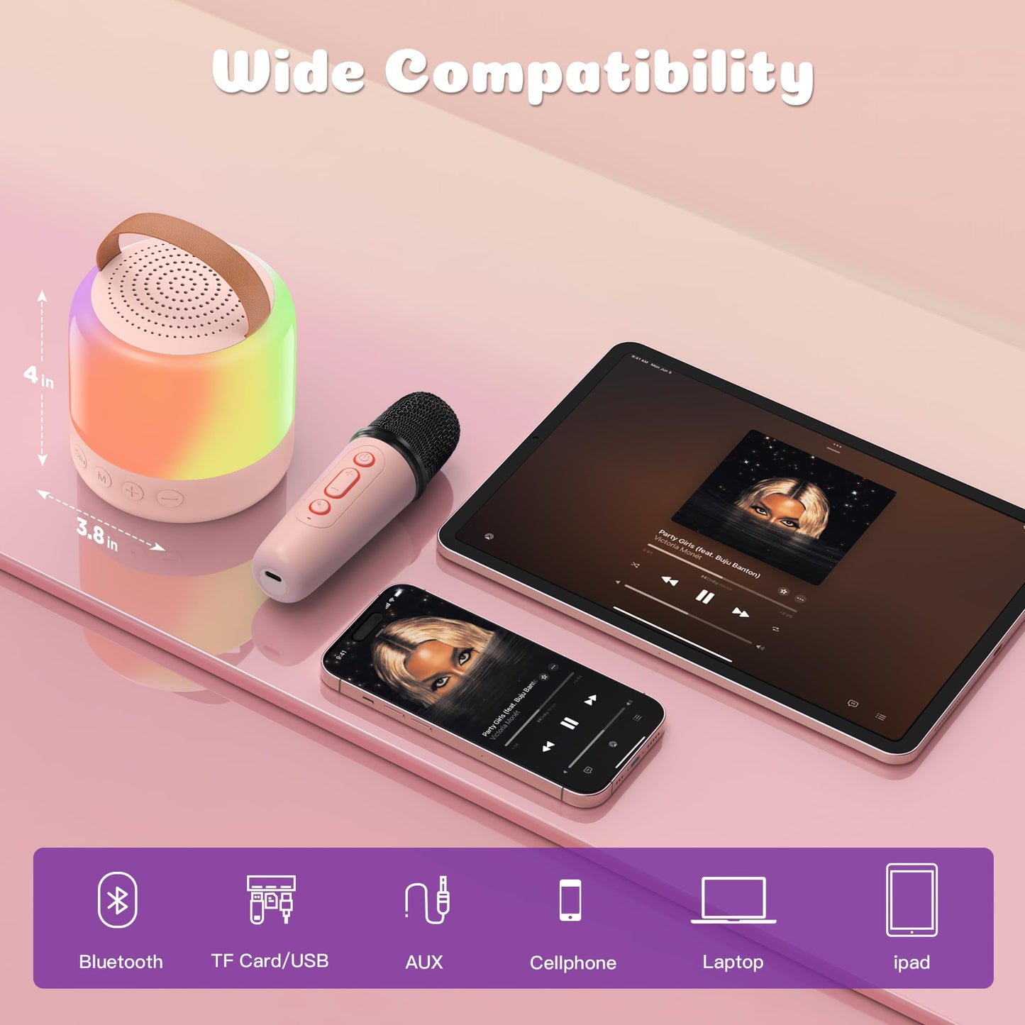 Mini Karaoke Machine with 2 Wireless Microphones for 5 Years Old Kids, Rechargeable Portable Bluetooth Karaoke Singing Speaker with Voice Changing, RGB Light, for Birthday, Family, Home Party Gift