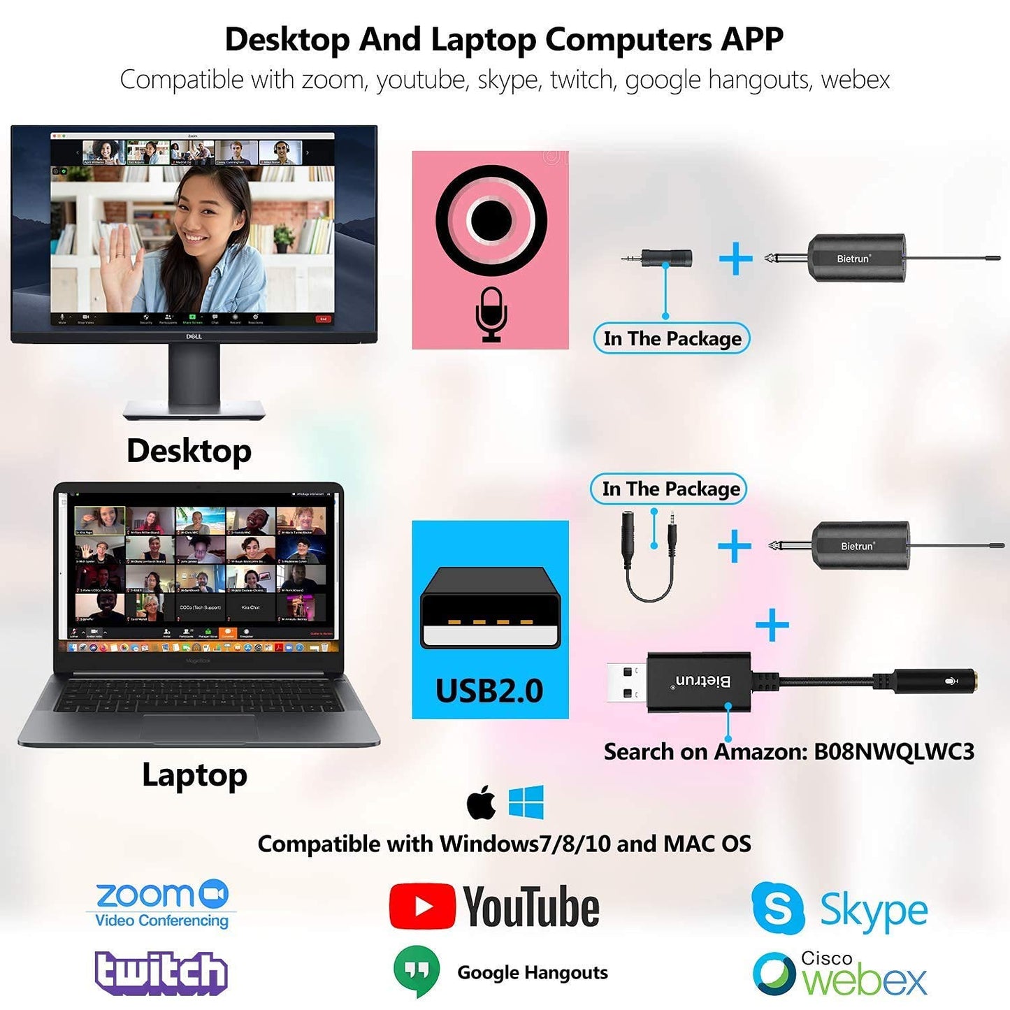 Sistema de micrófono de solapa inalámbrico Bietrun UHF/micrófono de diadema/micrófono de pie, alcance de 50 m, transmisor-receptor recargable, salida de 6,35 mm, compatible con iPhone, Android, altavoces PA, cámara DSLR, YouTube y grabación.