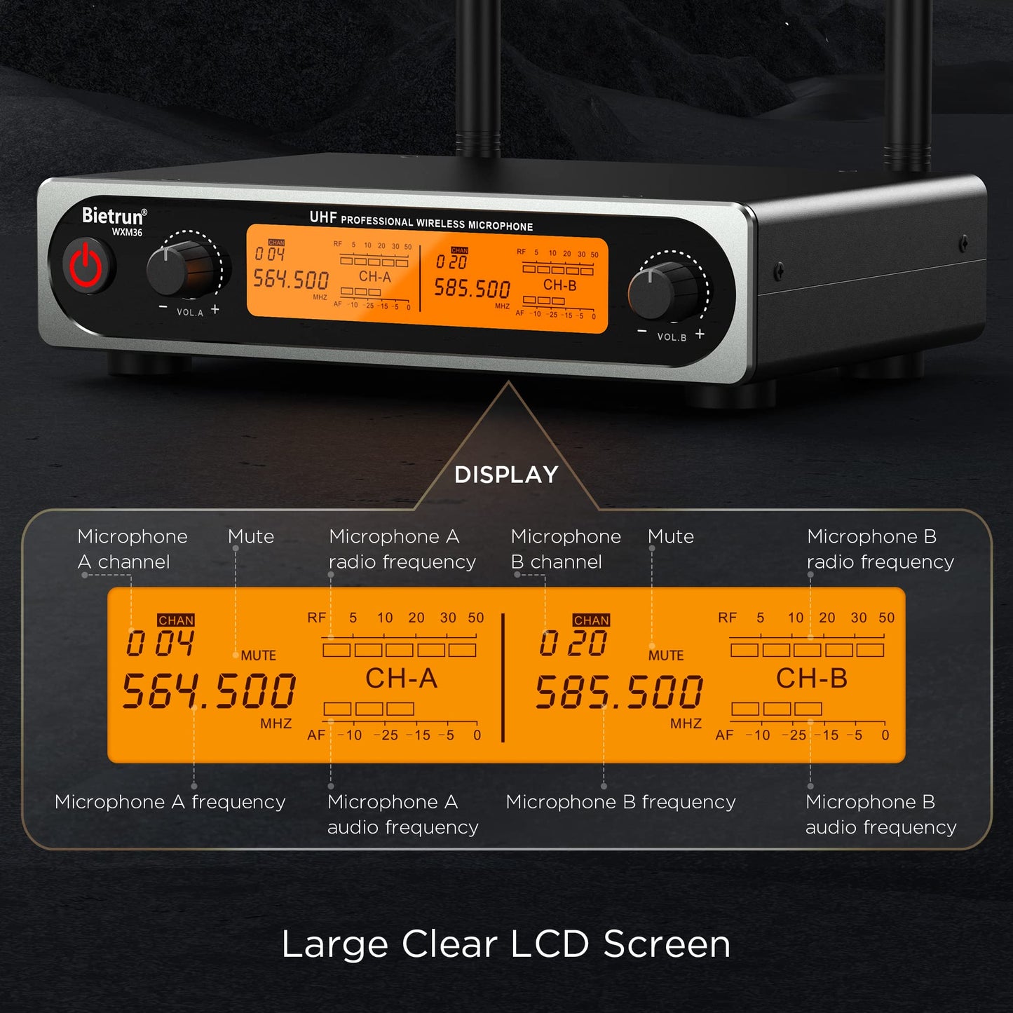 Bietrun Wireless XLR Microphone System, 165 ft Range, Professional UHF Dual Metal Cordless Dynamic Handheld Microphone with XLR Cable for Audio Mixer, Amplifier, Karaoke, Church, Speech, Wedding