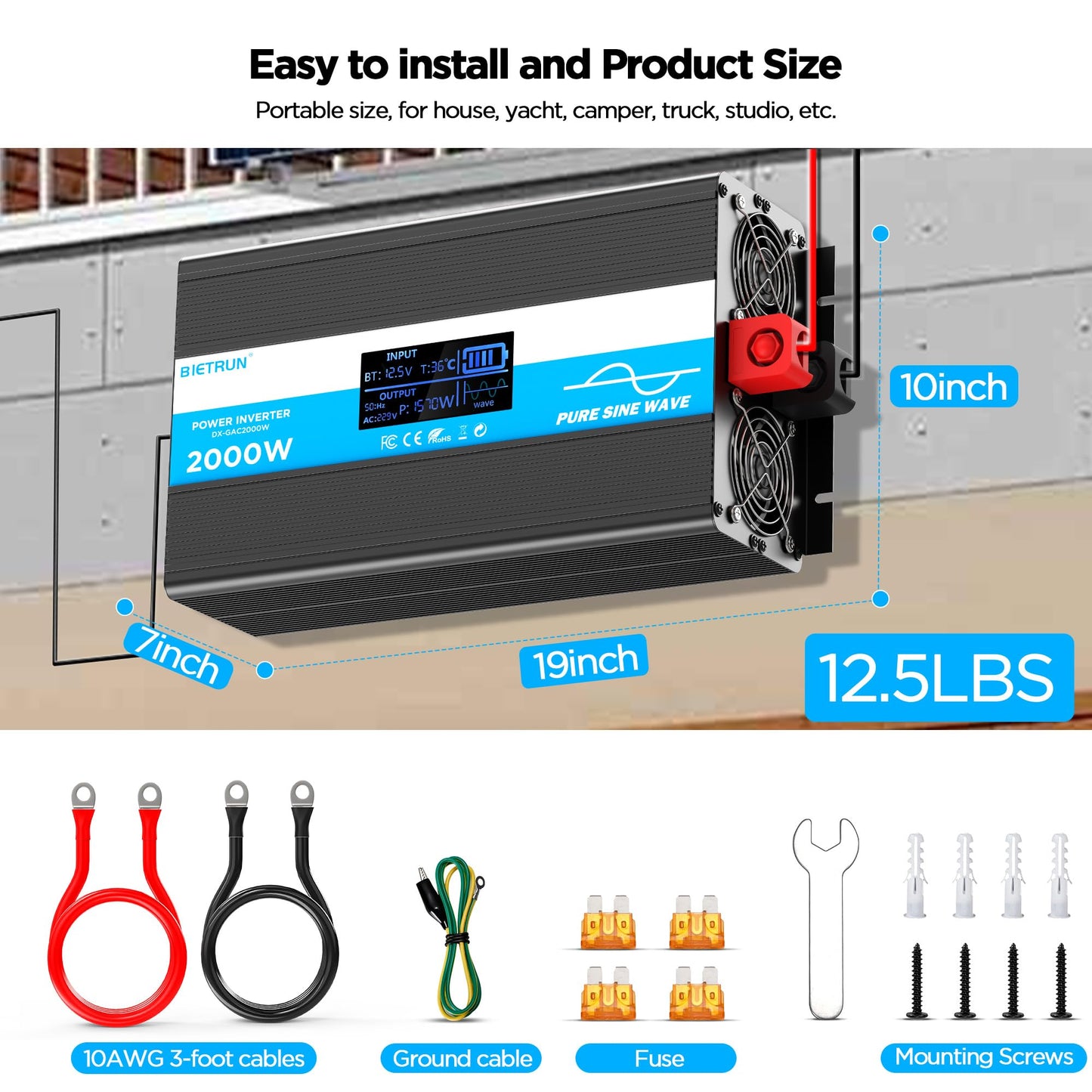 2000W Pure Sine Wave Inverter, 12V to 120V Inverter Converter for LiFePO4, SLD, Gel, FLD, AGM 12V Battery, Peak 4000W, GFCI & Overload Protection, LED Display, Remote Controller, for RV, Marine, Home