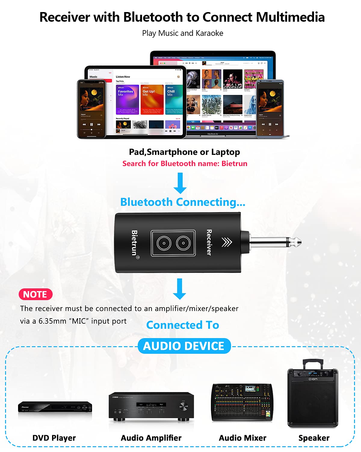 Micrófono inalámbrico recargable Bietrun, micrófonos inalámbricos de mano dinámicos de metal duales con salida de 1/4'' para karaoke, reuniones, canto, iglesias y bodas (alcance UHF de 73 m) (receptor con Bluetooth).