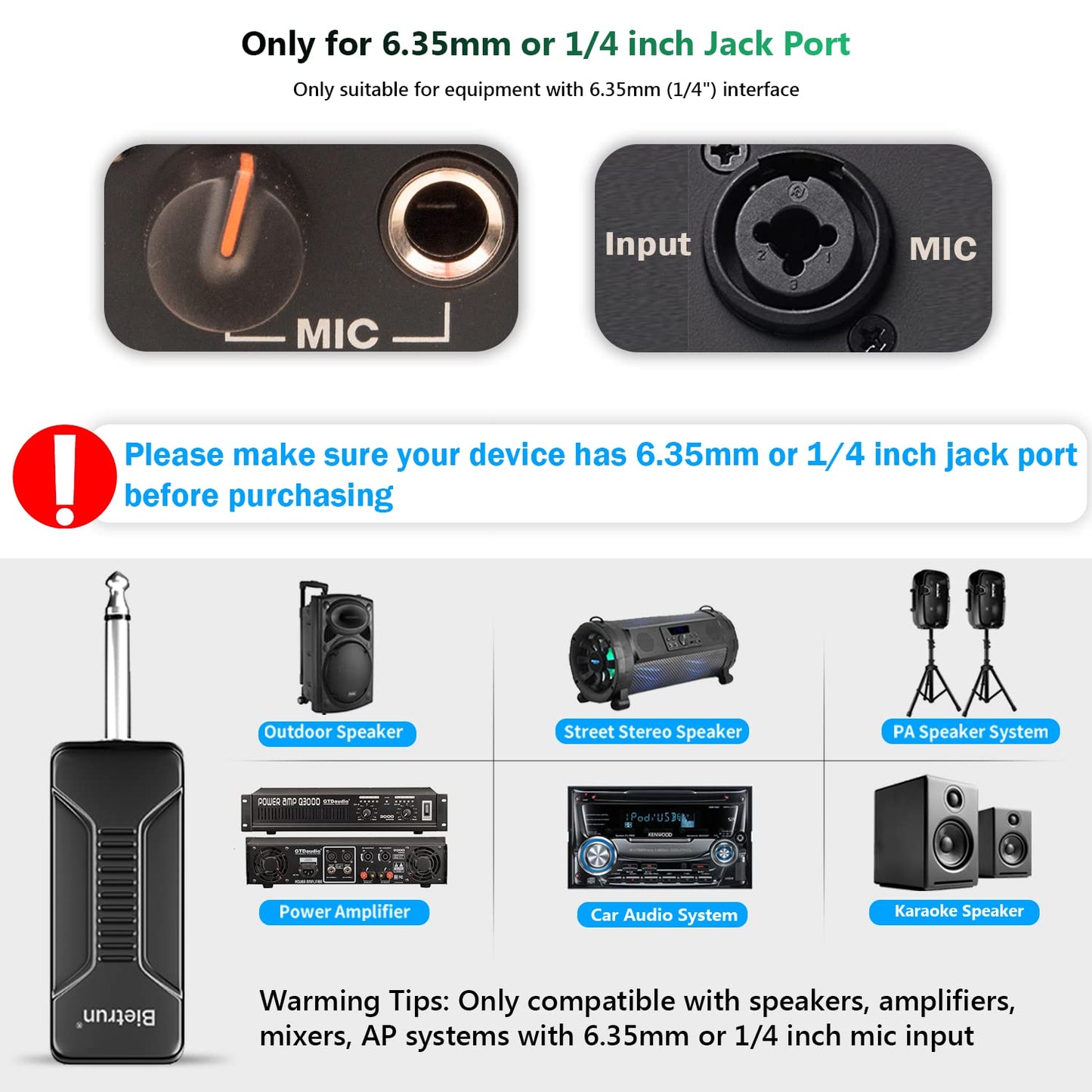 Bietrun Wireless Microphone Only for Mic Input, UHF Metal Dynamic Handheld Multipurpose Mic with Rechargeable Receiver (Work 4hs), 160ft Range, for Karaoke Machine, Amplifier Speaker, Mixer, Church