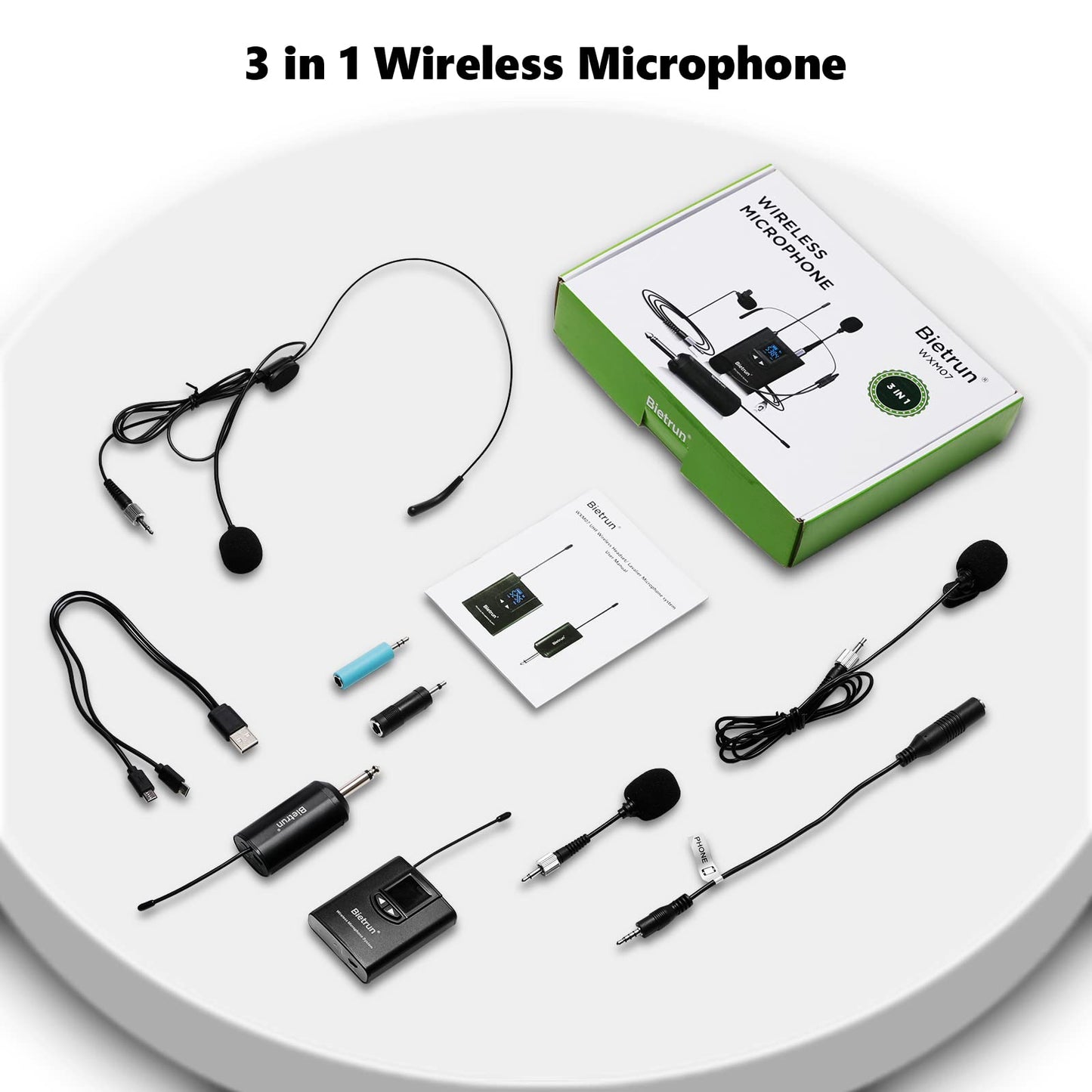 Sistema de micrófono de solapa inalámbrico Bietrun UHF/micrófono de diadema/micrófono de pie, alcance de 50 m, transmisor-receptor recargable, salida de 6,35 mm, compatible con iPhone, Android, altavoces PA, cámara DSLR, YouTube y grabación.