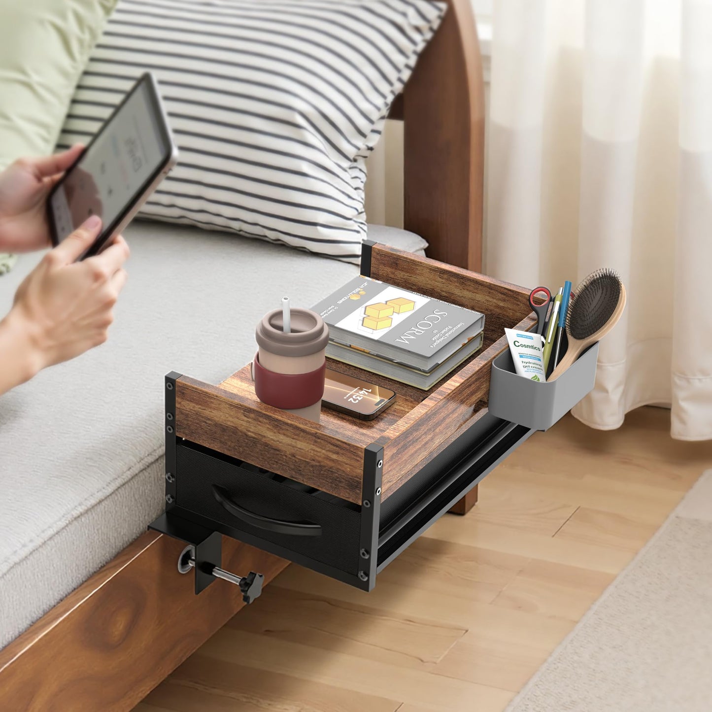 2 Tier Bedside Shelf for Dorm Bunk Bed, Clip On Nightstand with Fabric Drawer & Storage Box, Bed Side Table Tray Organizer, Bedside Tray with Cable Management for Dormitory, Back to School