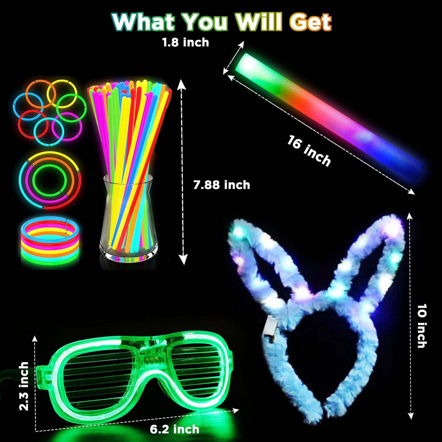 138Pcs Glow Party Supplies, Glow in the Dark Party Supplies, 10Pcs Foam Glow Sticks,50Pcs Glow Sticks,10Pcs LED Glasses,10Pcs LED Bunny Ear Headband,20Pcs LED Ring,18Pcs Pop Tubes,20 LED Bracelet