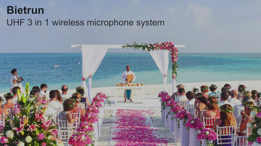 Sistema de micrófono de solapa inalámbrico Bietrun UHF/micrófono de diadema/micrófono de pie, alcance de 50 m, transmisor-receptor recargable, salida de 6,35 mm, compatible con iPhone, Android, altavoces PA, cámara DSLR, YouTube y grabación.
