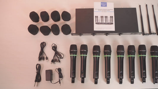 Sistema de micrófono inalámbrico Bietrun de 8 canales con 8 micrófonos recargables, UHF de 90 m de alcance, micrófonos vocales dinámicos inalámbricos de metal profesionales para adultos, karaoke, canto, iglesia (conexión automática).