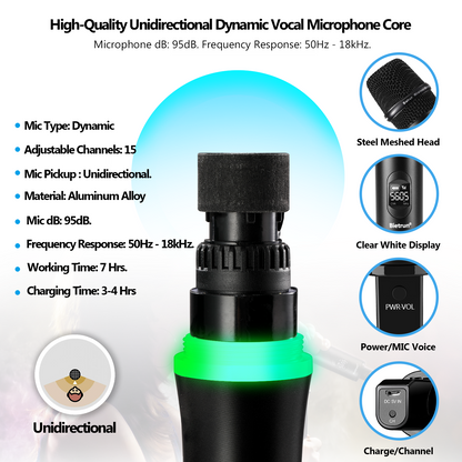 Bietrun Wireless Microphone, Rechargeable Metal Dual UHF Cordless Dynamic Handheld Microphone System for Home Karaoke, Meeting, Party, Church, DJ, Wedding(UHF 240ft Range)(Receiver with Bluetooth)