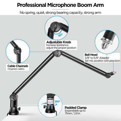 Bietrun Mic Arm Desk Mount(Longer)for Shure SM7B/MV7/Blue Yeti/Nano/Hyperx Quadcast, Adjustable 360° Rotatable Universal Heavy Duty Metal Mic Arm with 3/8" to 5/8" Adapter, Cable Trough, Headset Hook