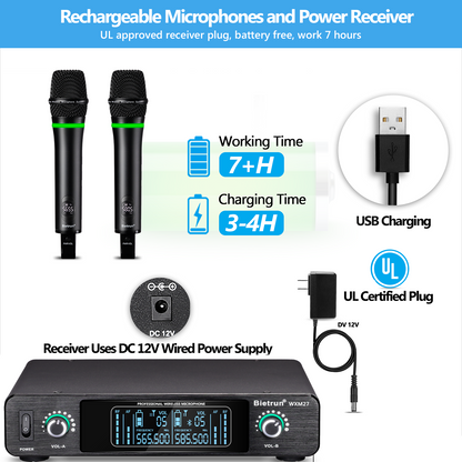 Bietrun Wireless Microphone, Rechargeable Metal Dual UHF Cordless Dynamic Handheld Microphone System for Home Karaoke, Meeting, Party, Church, DJ, Wedding(UHF 240ft Range)(Receiver with Bluetooth)