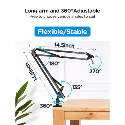 Microphone Boom Arm Desk Mount for Wave/Blue Yeti/Hyperx Quadcast/SM7B/SM58/MV7, Upgraded Metal Stable Heavy Duty Adjustable Scissor Desk Microphone Stand with Handheld Mic Clip, 3/8" to 5/8" Adapter