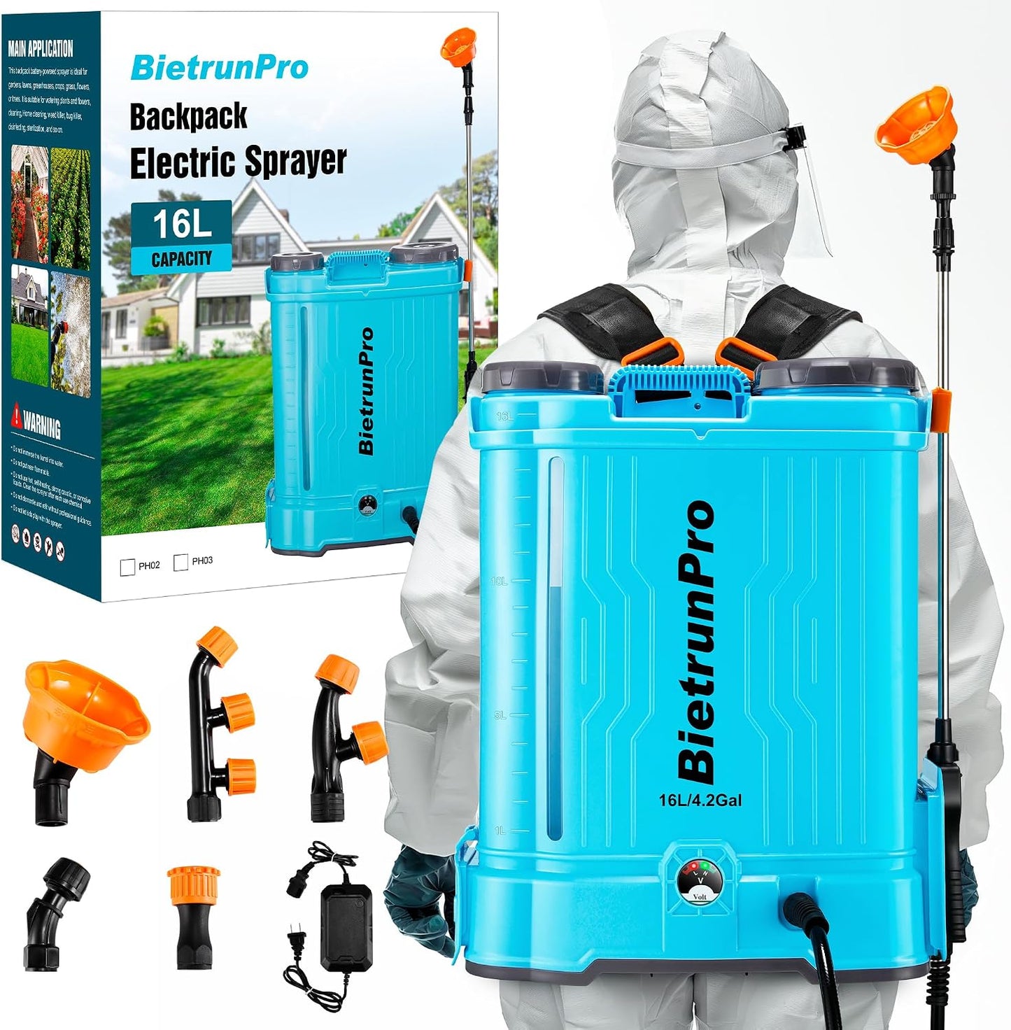 4 Gallon Battery Powered Backpack Sprayer with Mixer, 100 PSI Powerful Pressure Weeds Insecticide Pesticide Electric Sprayer, 31.50 in Metal Spray Pole, 5 Nozzles, Ergonomic Backpack, for Lawn Garden